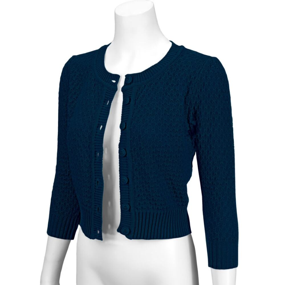 YEMAK Navy Blue Crochet Knit Cropped Cardigan 3/4 Sleeve Crewneck Vintage Style - Picture 2 of 7